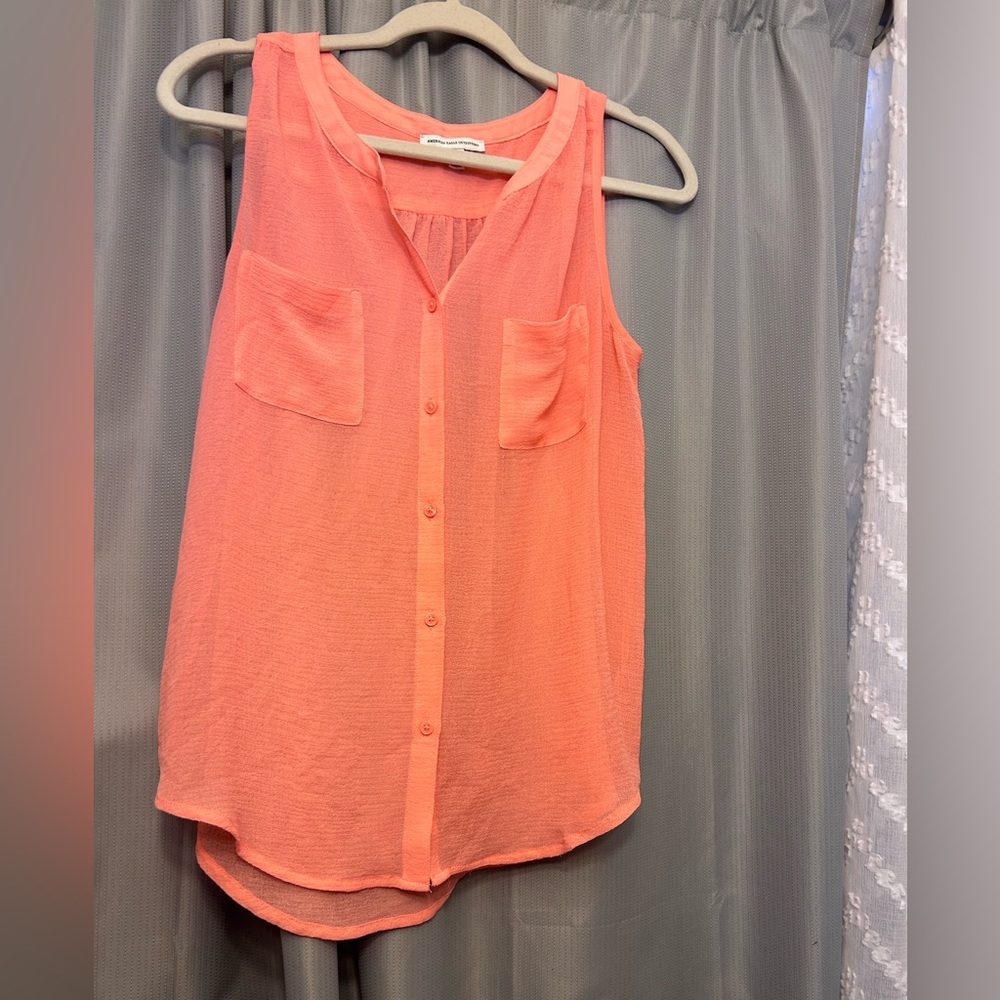 $10 sale American Eagle S sl bright button down pocket sheer blouse